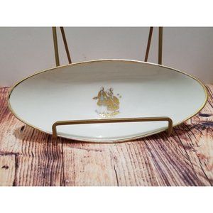 Vintage JKW Decor Carlsbad Bavaria Small Oval Dish Gold Trim Couple White